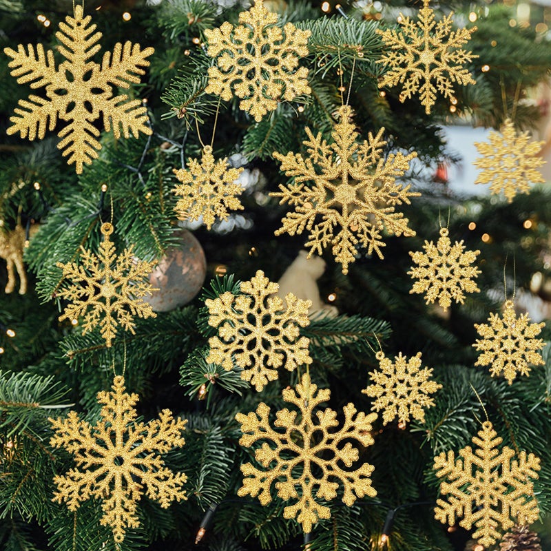 NEWMIAO 36pcs Gold Snowflake Ornaments Christmas Tree Decorations, Glitter Plastic Snow Flakes Christmas Ornaments in 5 Patterns for Tree Garland Indoor Outdoor Winter Wonderland Decor - Image 1